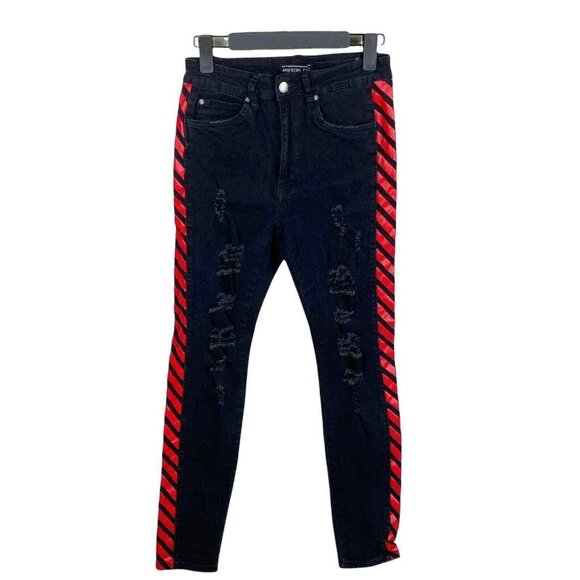 American Bazi Skinny Jeans Womens 5 Black Red Stripe Distressed High Waist - Picture 1 of 7
